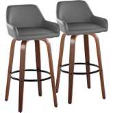 Daniella 30" Swivel Bar Stool in Walnut Wood & Grey Leatherette with Black Footrest (Set of 2)